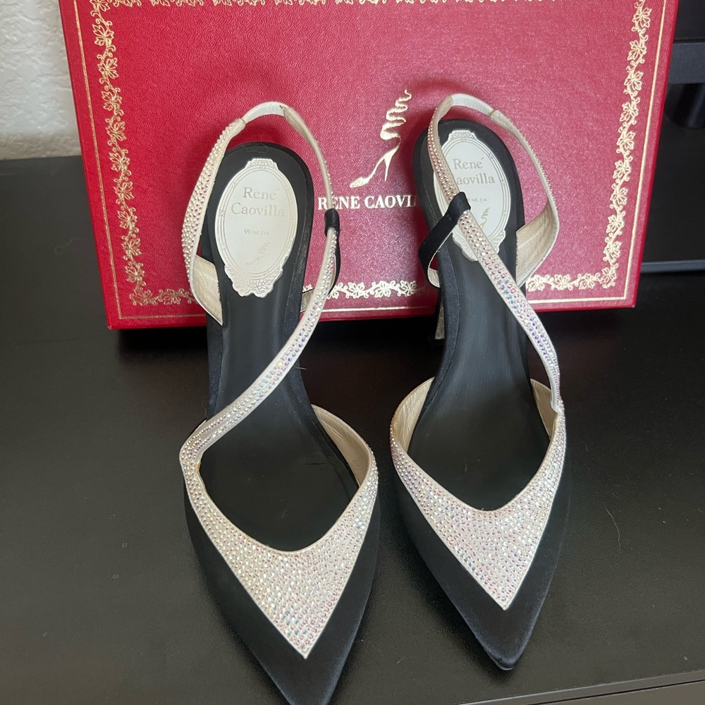 Rene Caovilla Satin Sling Back in Black and white
